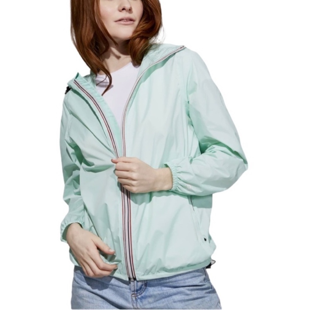 08 light BLUE FULL ZIP PACKABLE RAIN JACKET WINDBREAKER women S/P Hooded outdoor